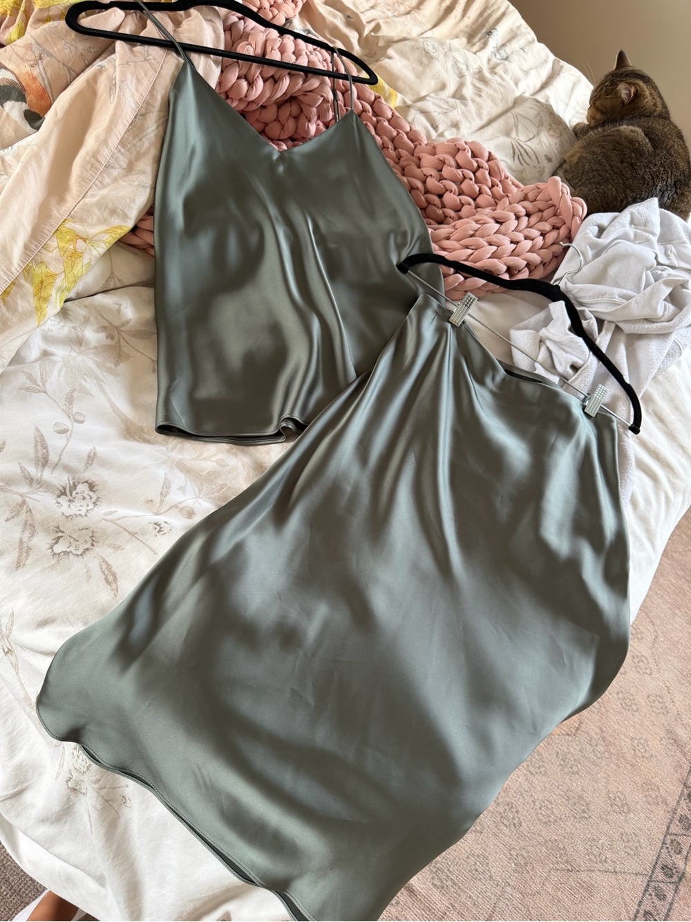 Club Monaco Sage Green Satin Slip Dress and Matching Cami Set